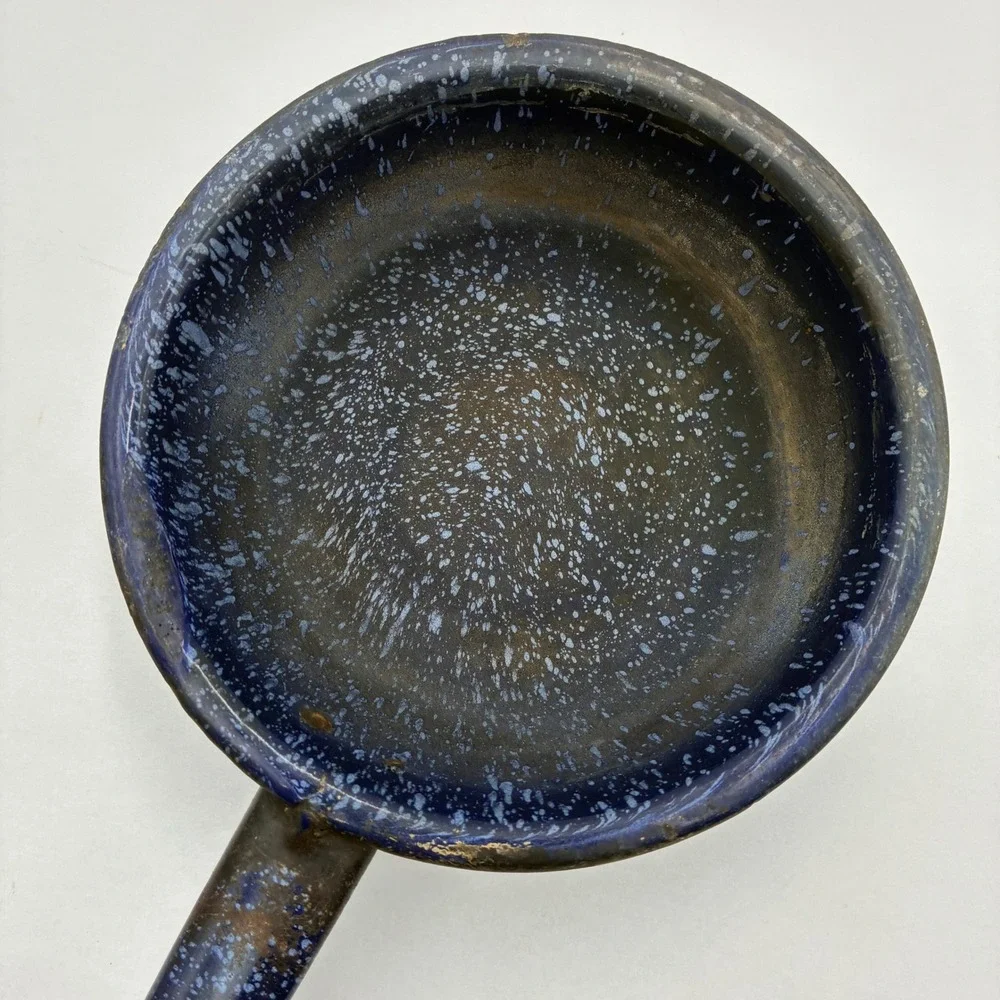 Vintage Blue Graniteware Speckled Enamel Small Saucepan Farmhouse Decor